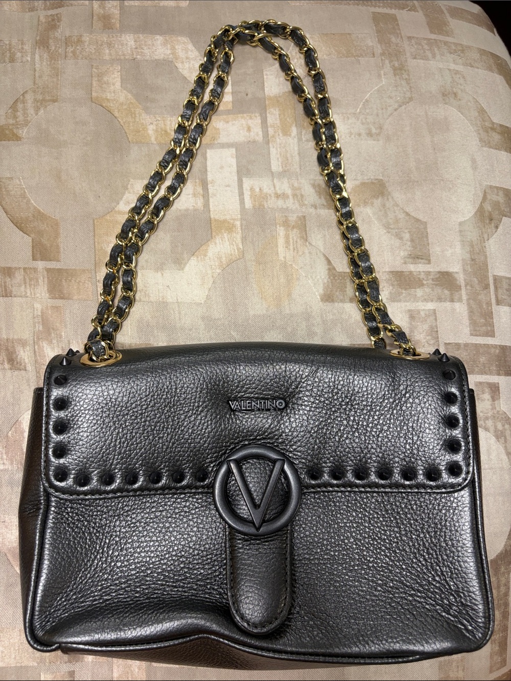 Valentino Black Leather Chain-Handle Shoulder Bag with Gold Accents